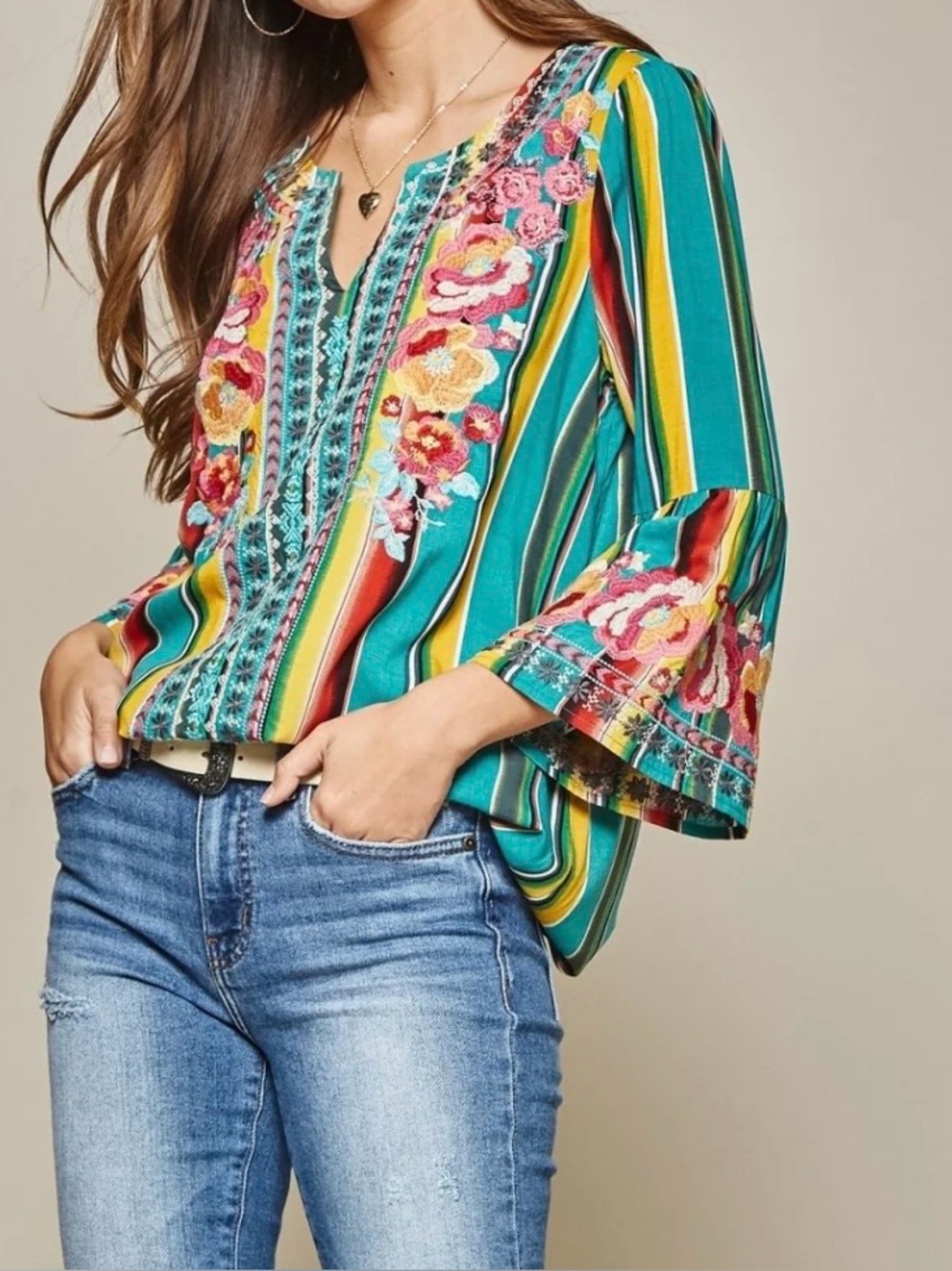 Savanna Jane Stripe Embroidered Tunic Top
